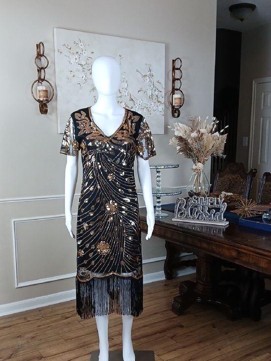 Black & Gold Art Deco Floral Cocktail Fringe V-Neck Beaded Dress New Large - Picture 7 of 16